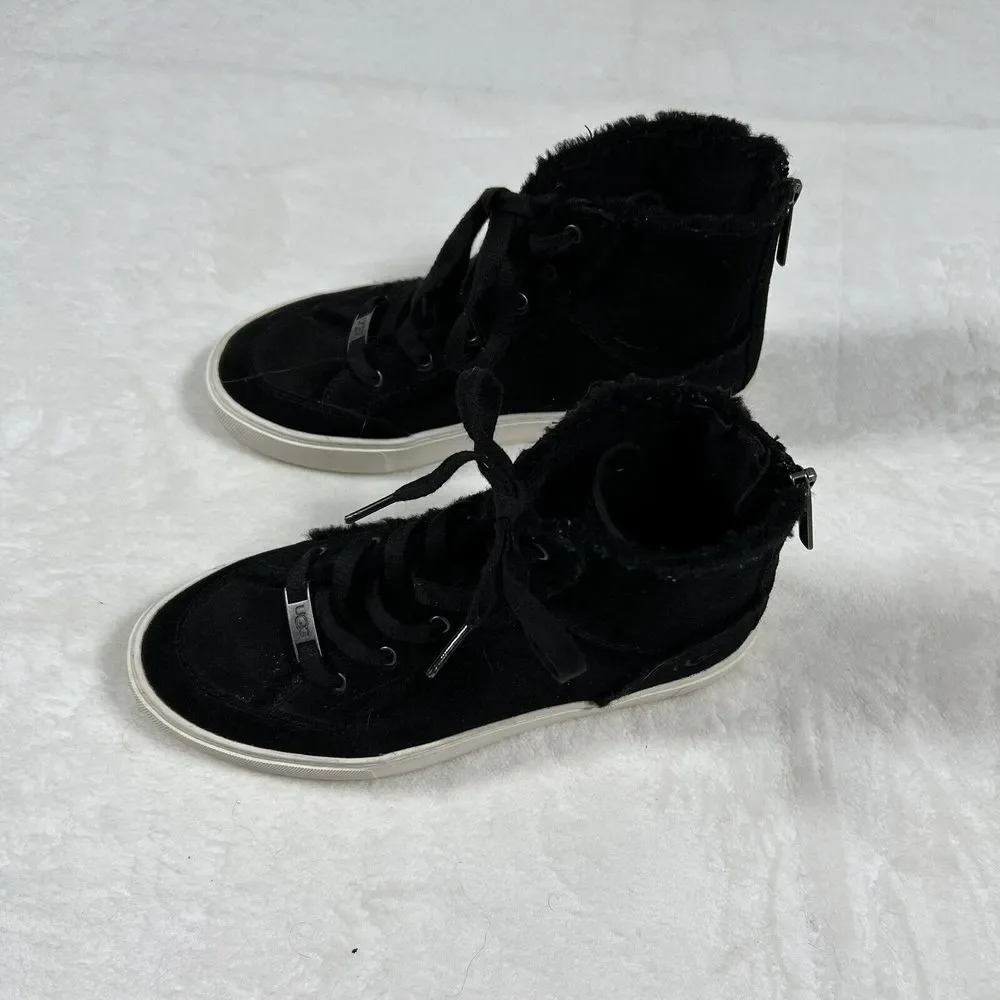 UGG Jass High Top Sneaker Black Suede Faux Fur Lining Back Zip 1123694 Women 6.5